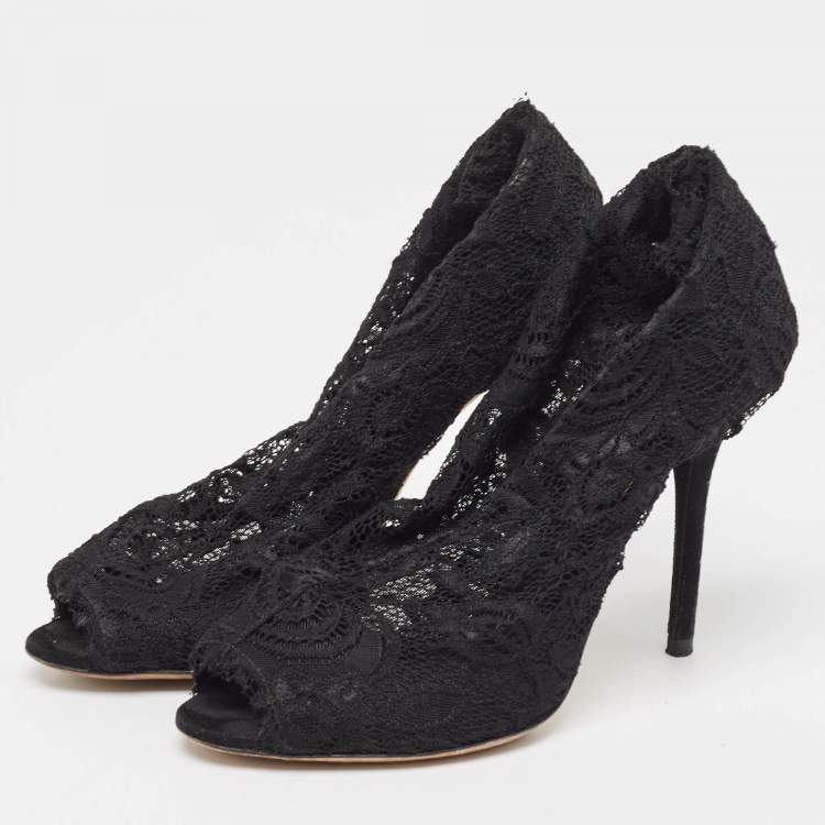 Pre Owned Dolce & Gabbana Black Lace Peep Toe Ankle Booties Size 37