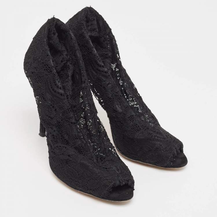 Pre Owned Dolce & Gabbana Black Lace Peep Toe Ankle Booties Size 37