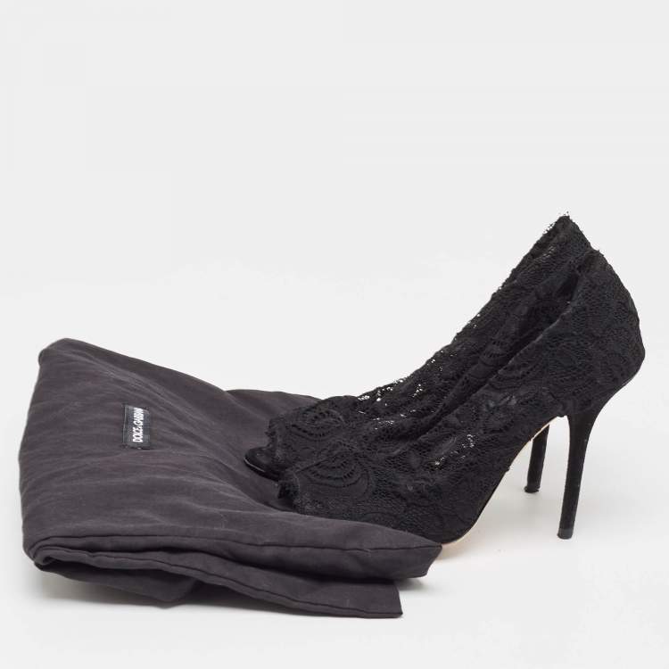 Pre Owned Dolce & Gabbana Black Lace Peep Toe Ankle Booties Size 37