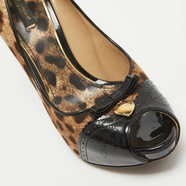 Pre Owned Dolce & Gabbana Black/Brown Patent and Canvas Peep Toe Pumps Size 40
