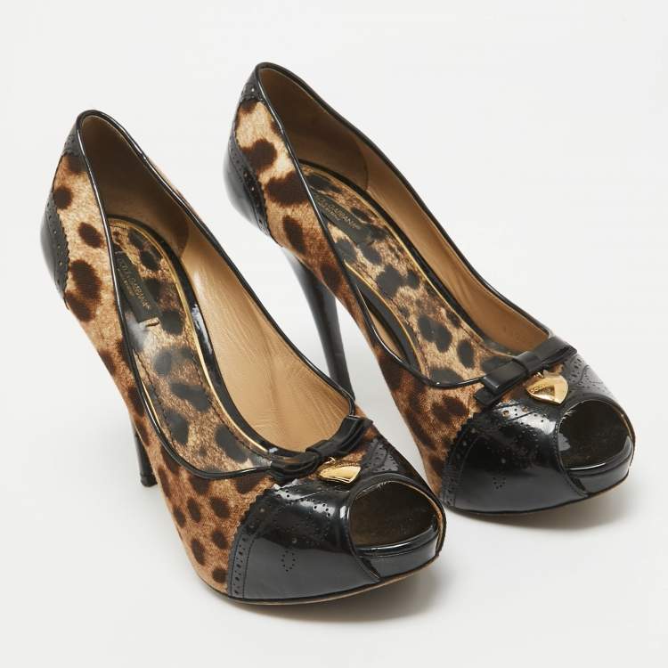 Pre Owned Dolce & Gabbana Black/Brown Patent and Canvas Peep Toe Pumps Size 40
