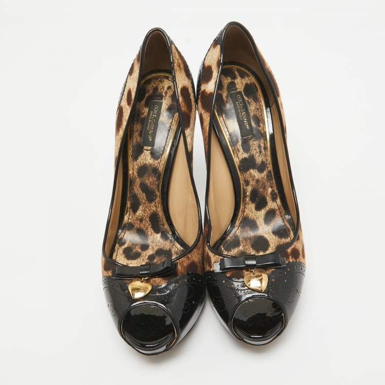 Pre Owned Dolce & Gabbana Black/Brown Patent and Canvas Peep Toe Pumps Size 40