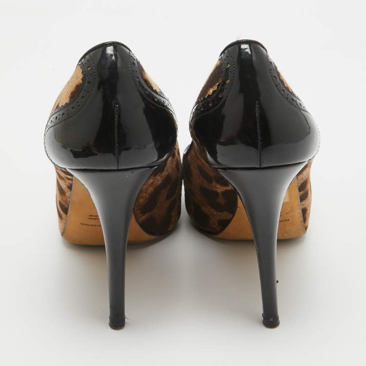 Pre Owned Dolce & Gabbana Black/Brown Patent and Canvas Peep Toe Pumps Size 40