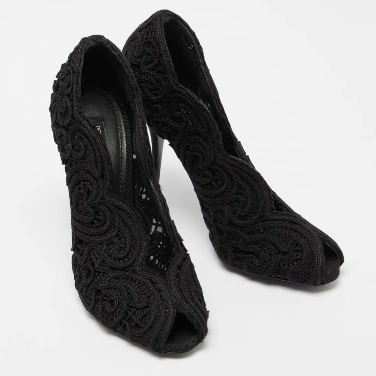 Pre Owned Dolce & Gabbana Black Lace Peep Toe Pumps Size 37