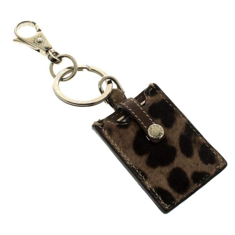 Pre Owned Dolce & Gabbana Leopard Print Logo Plaque Key Ring