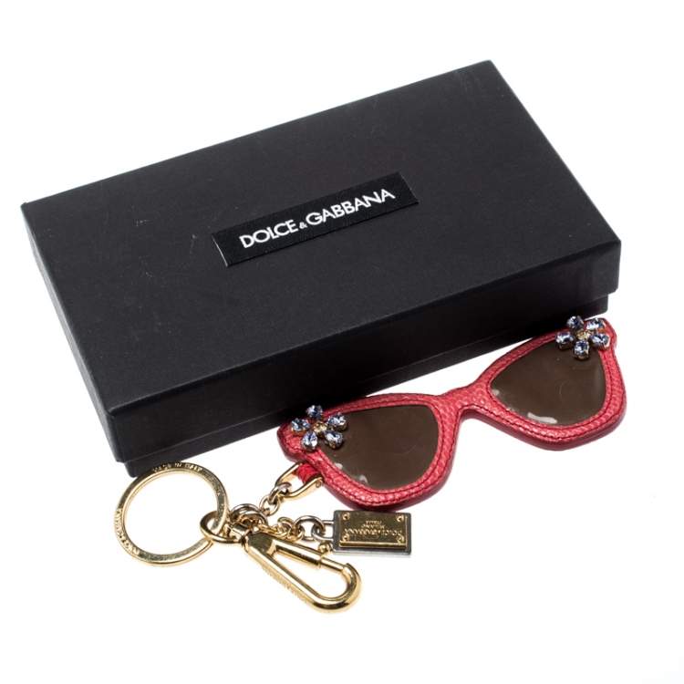 Pre Owned Dolce & Gabbana Floral Crystal Embellished Pink Leather Sunglass Keyring