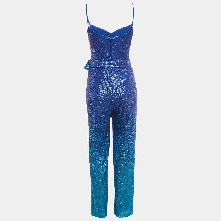 مملوكة مسبقًا Dress The Population Electric Blue Sequin Belted Stevie Jumpsuit XS 