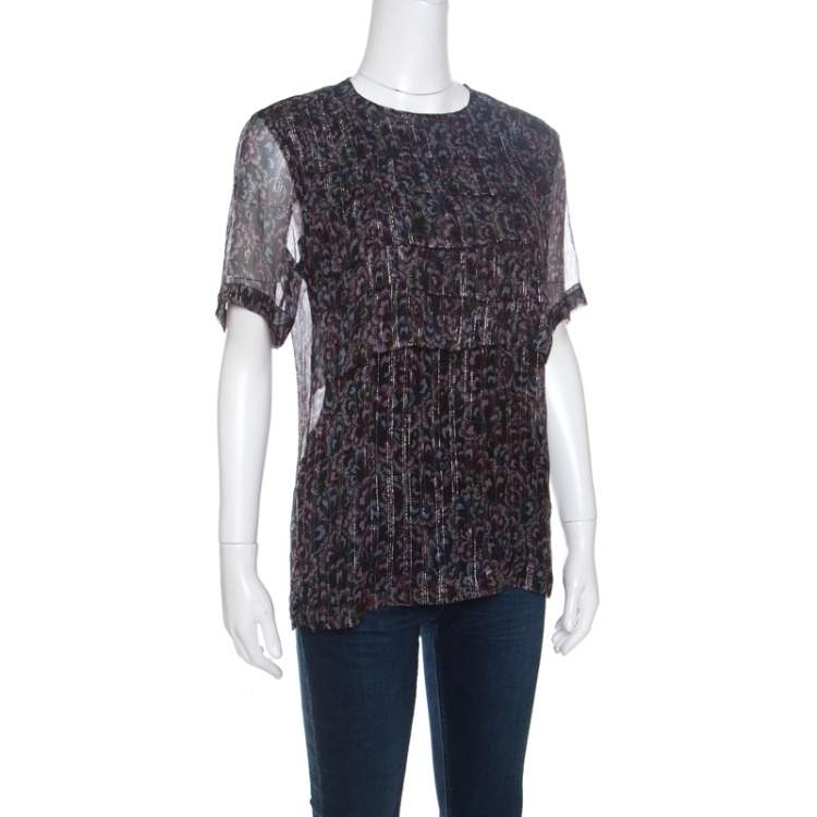 Pre Owned Dries Van Noten Floral Print Metallic Silk Chiffon Ruffled Charleston Top S
