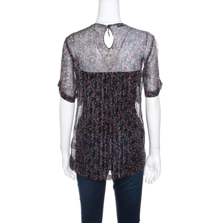 Pre Owned Dries Van Noten Floral Print Metallic Silk Chiffon Ruffled Charleston Top S