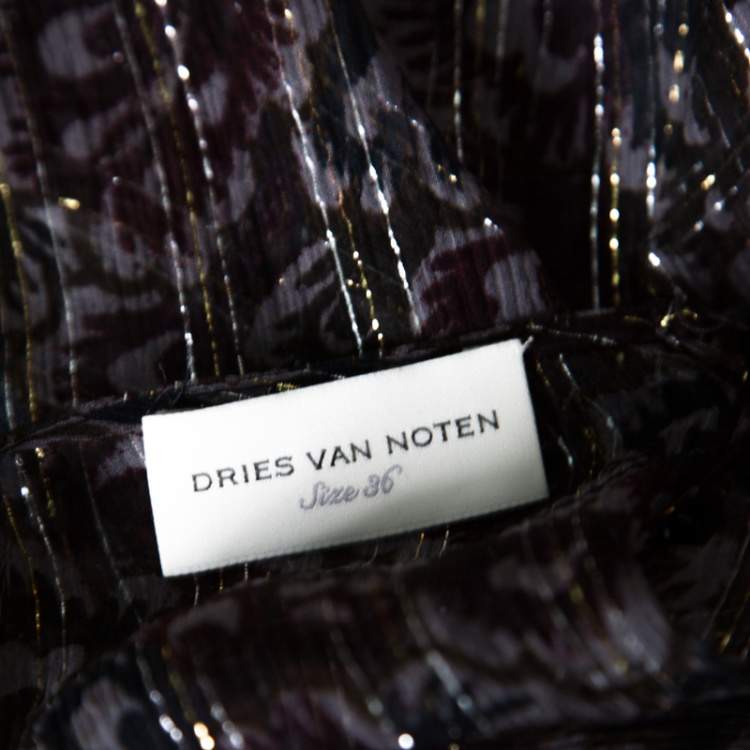 Pre Owned Dries Van Noten Floral Print Metallic Silk Chiffon Ruffled Charleston Top S