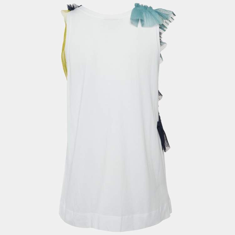 Pre Owned Dries van Noten White Cotton Ruffled Tulle Sleeveless Top M