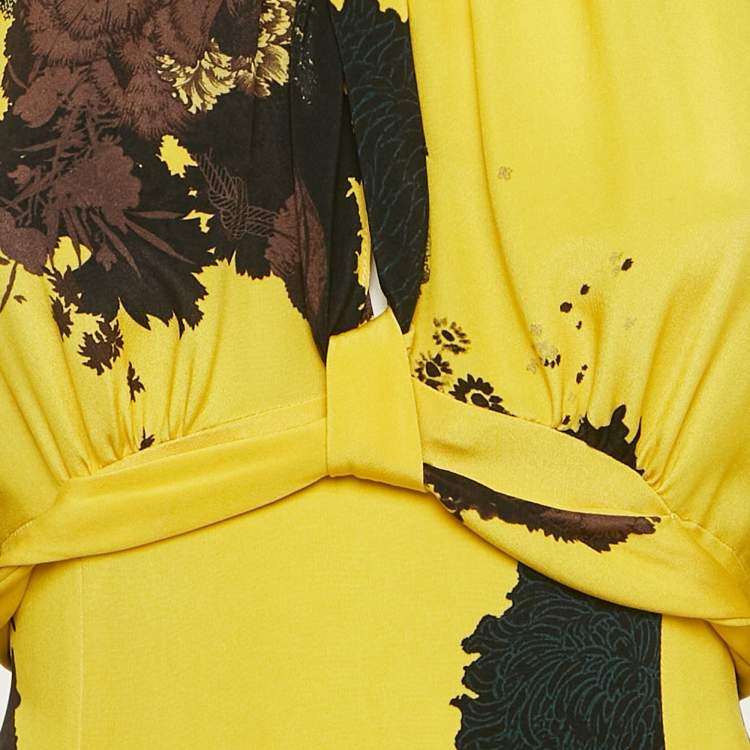 Pre Owned Dries van Noten Yellow Floral Print Silk Tie-Up Waist Detail Midi Dress M