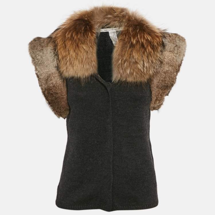 Pre Owned Dries van Noten Grey Detachable Fur Trim Sleeveless Cardigan M