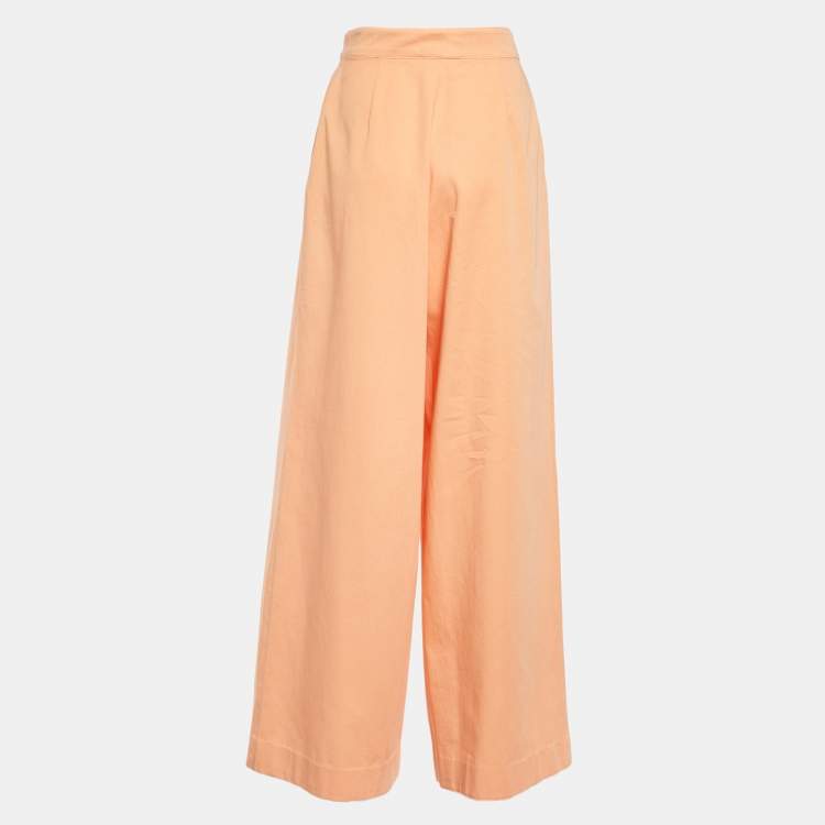 Pre Owned Dries van Noten Orange Cotton Pleated Wide Leg Trousers M