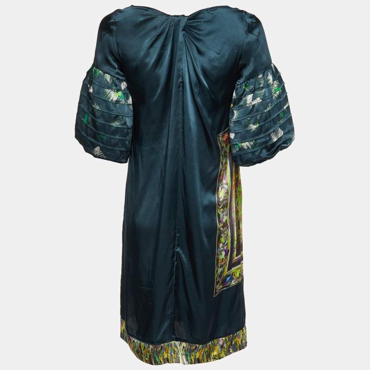 Pre Owned Dries van Noten Dark Green Printed Silk Shift Dress S