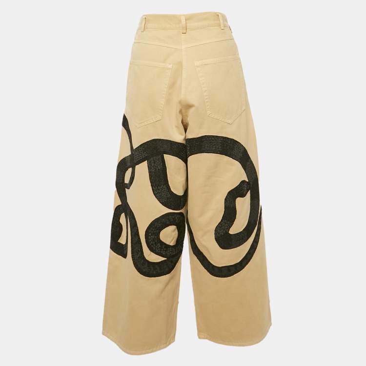 Pre Owned Dries van Noten Beige Snake Embroidered Cotton Trousers S