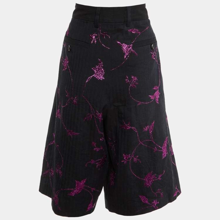 Pre Owned Dries van Noten Black Lurex Floral Embroidered Bermuda Shorts L
