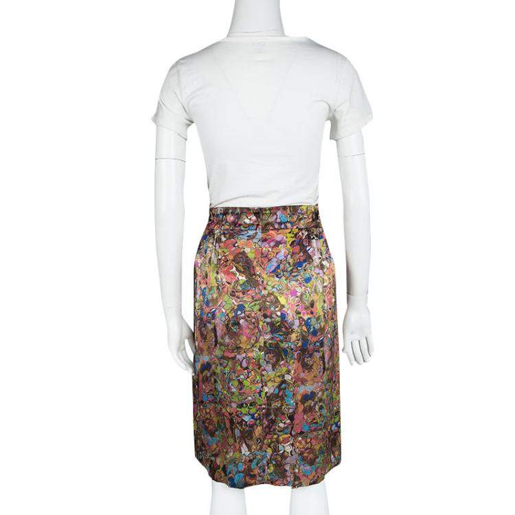 Pre Owned Dries van Noten Multicolor Printed Silk Pleat Detail Skirt M
