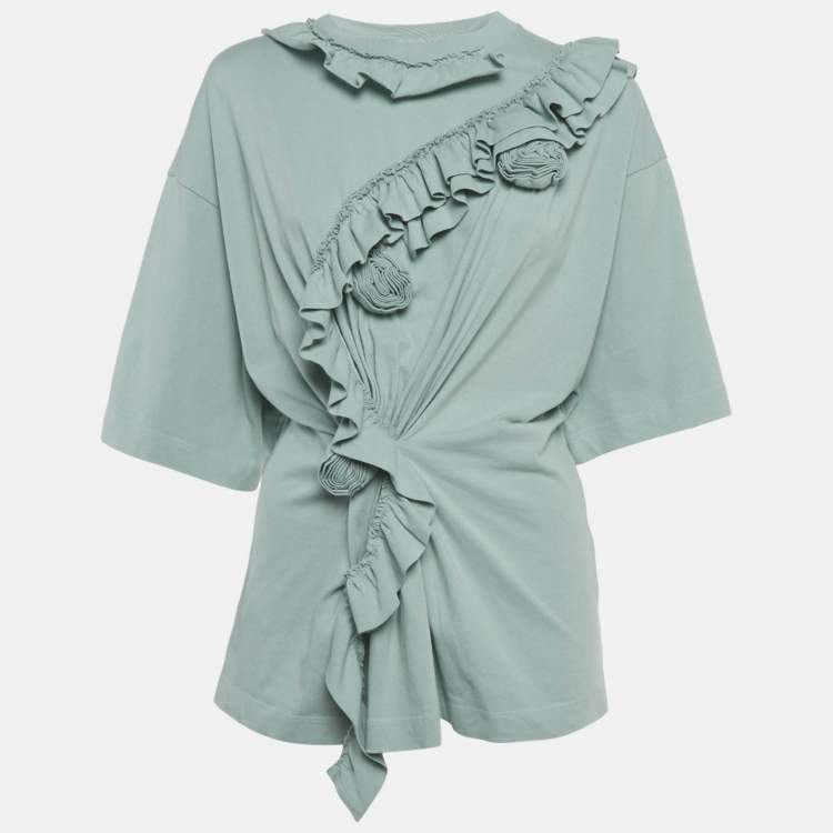 Pre Owned Dries van Noten Sage Green Floral Applique Cotton Ruffle T-Shirt S