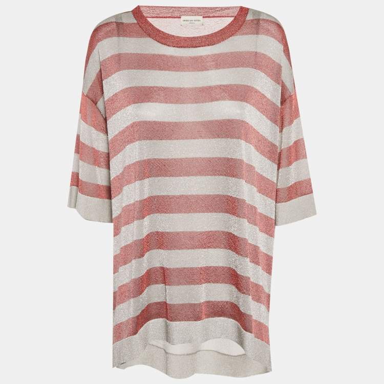 Pre Owned Dries Van Noten Red/Grey Striped Lurex Knit Oversized T-Shirt M
