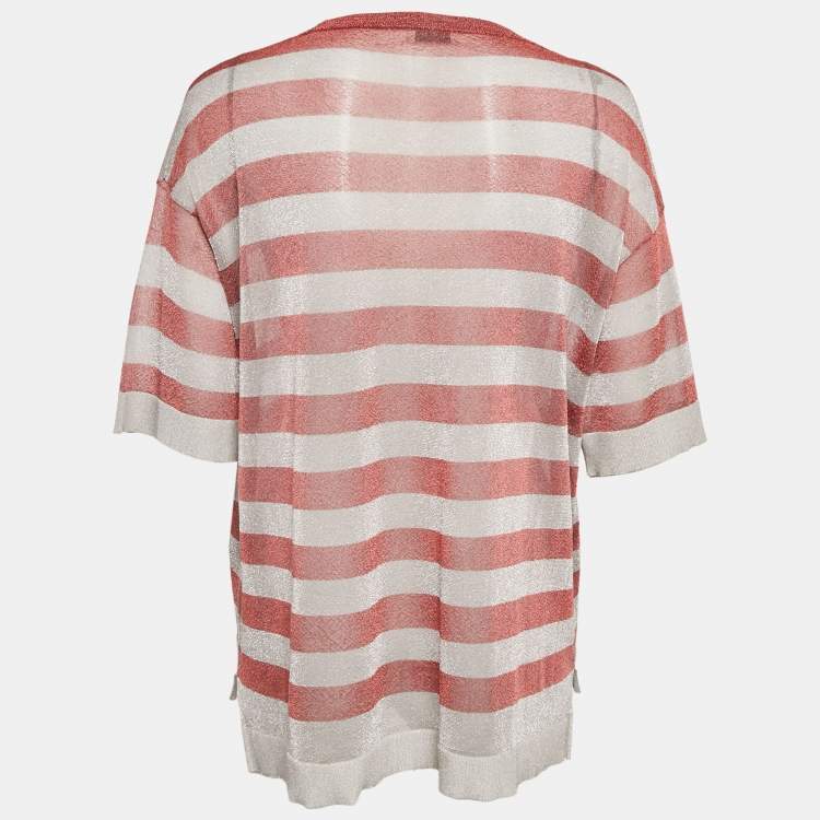 Pre Owned Dries Van Noten Red/Grey Striped Lurex Knit Oversized T-Shirt M