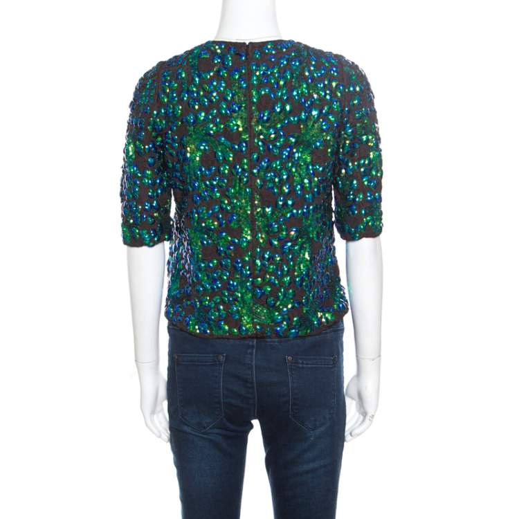 مملوكة مسبقًا Dries Van Noten Black Contrast Sequin Paillette Embellished Crop Top S