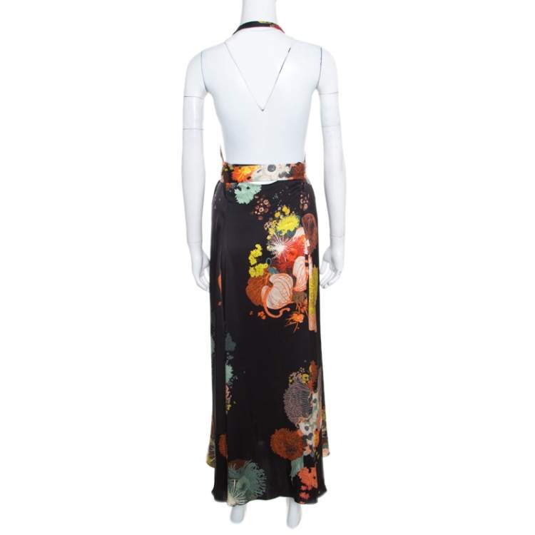 Pre Owned Dries van Noten Black Oriental Floral Printed Silk Halter Maxi Dress S