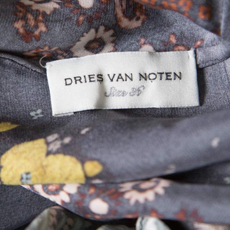 Pre Owned Dries van Noten Black Oriental Floral Printed Silk Halter Maxi Dress S