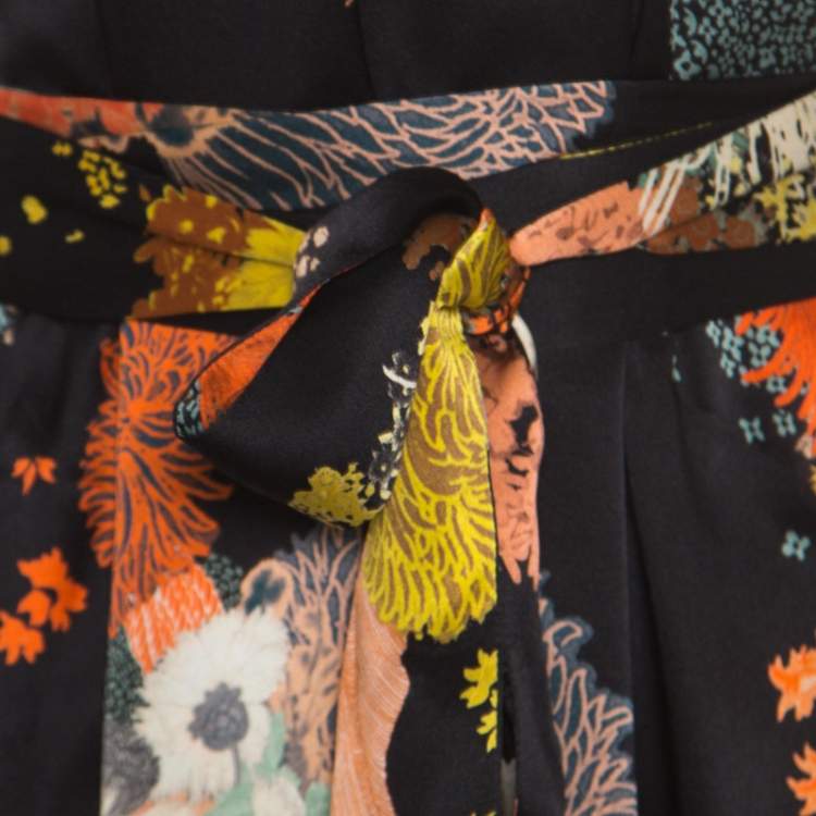 Pre Owned Dries van Noten Black Oriental Floral Printed Silk Halter Maxi Dress S