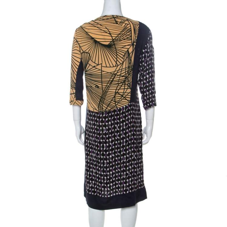 Pre Owned Dries Van Noten Multicolor Abstract Print Silk Sequinned & Beaded Detail Midi Dress M