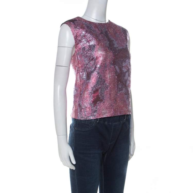 Pre Owned Dries Van Noten Pink Lurex Jacquard Sleeveless Top M 