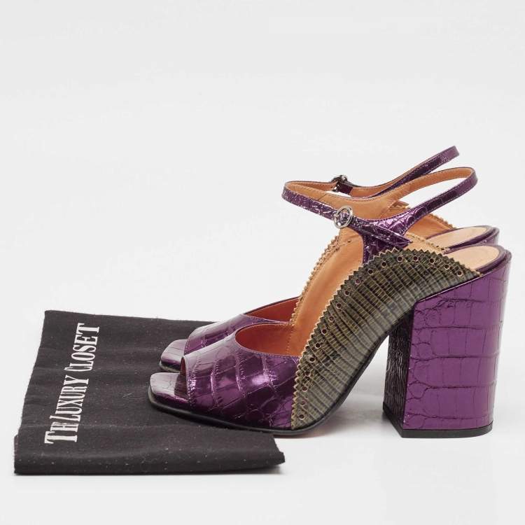 Pre Owned Dries Van Noten Purple/Green Croc Embossed and Lizard Embossed Ankle Strap Sandals Size 39