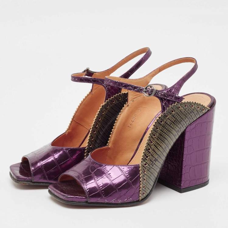Pre Owned Dries Van Noten Purple/Green Croc Embossed and Lizard Embossed Ankle Strap Sandals Size 39