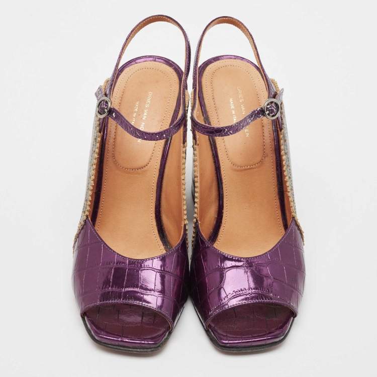 Pre Owned Dries Van Noten Purple/Green Croc Embossed and Lizard Embossed Ankle Strap Sandals Size 39