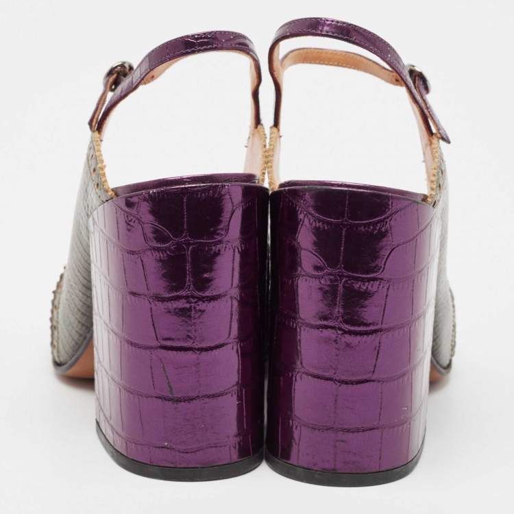 Pre Owned Dries Van Noten Purple/Green Croc Embossed and Lizard Embossed Ankle Strap Sandals Size 39