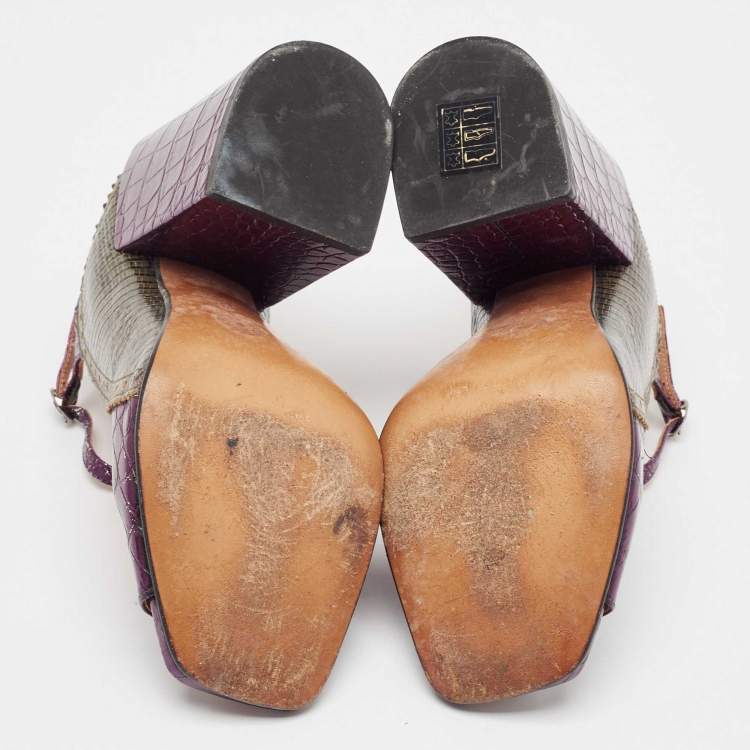Pre Owned Dries Van Noten Purple/Green Croc Embossed and Lizard Embossed Ankle Strap Sandals Size 39