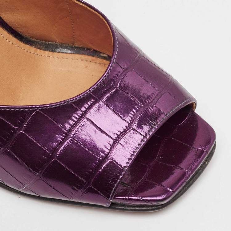 Pre Owned Dries Van Noten Purple/Green Croc Embossed and Lizard Embossed Ankle Strap Sandals Size 39