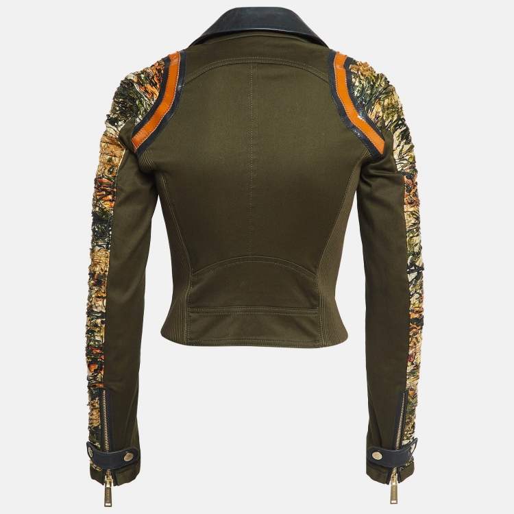 Pre Owned Dsquared2 Green Gabardine and Printed Crepe Zip-Up Jacket S