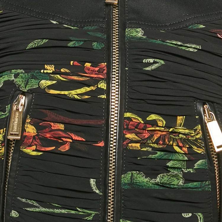 Pre Owned Dsquared2 Black Floral Print Denim and Crepe Gathered Jacket S