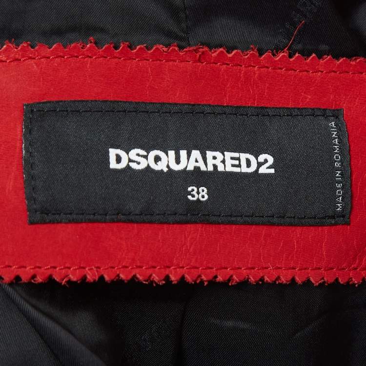 Pre Owned Dsquared2 Red Leather Zip-Up Biker Jacket S