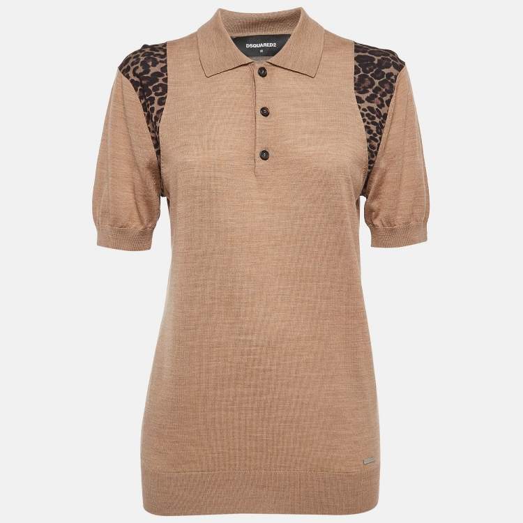 Pre Owned Dsquared2 Brown Wool Knit Shoulder Trimmed Polo Tshirt M