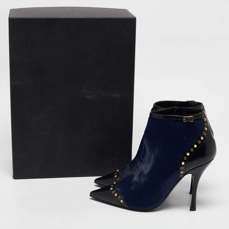 Pre Owned Dsquared2 Black/Blue Calfhair and Leather Studded Heeled Ankle Length Boots Size 39