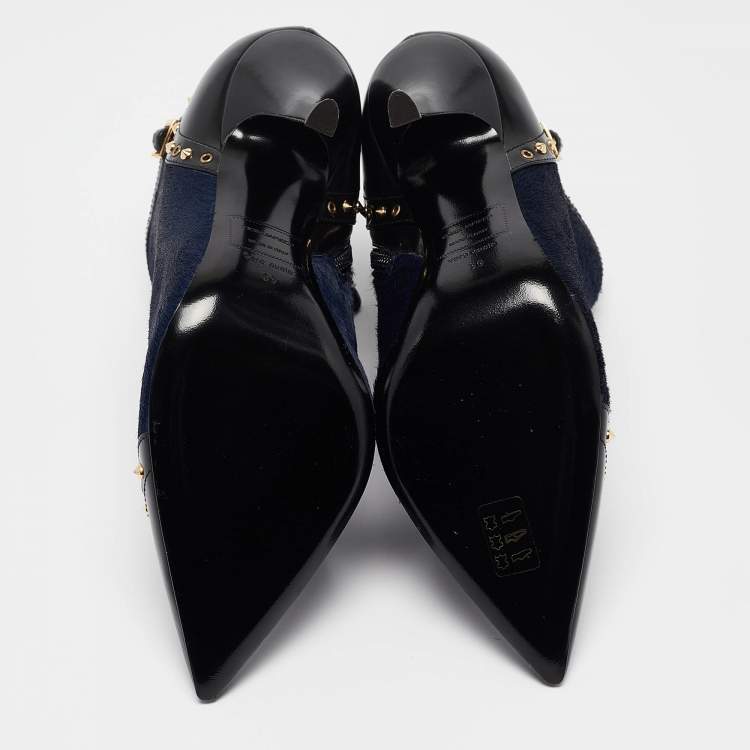 Pre Owned Dsquared2 Black/Blue Calfhair and Leather Studded Heeled Ankle Length Boots Size 39