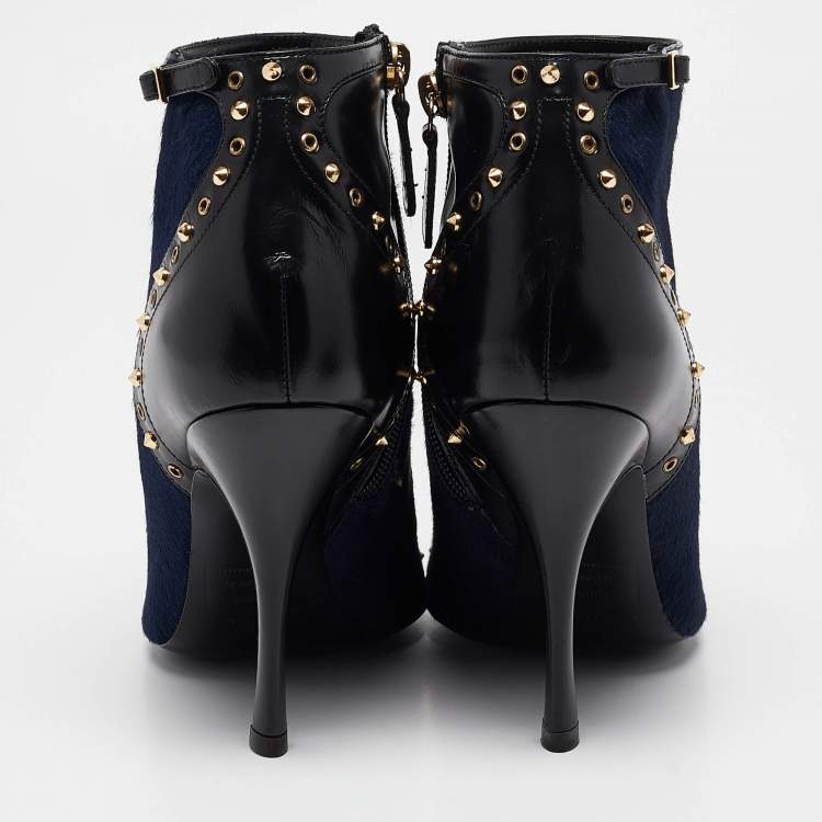 Pre Owned Dsquared2 Black/Blue Calfhair and Leather Studded Heeled Ankle Length Boots Size 39