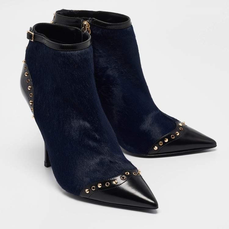 Pre Owned Dsquared2 Black/Blue Calfhair and Leather Studded Heeled Ankle Length Boots Size 39