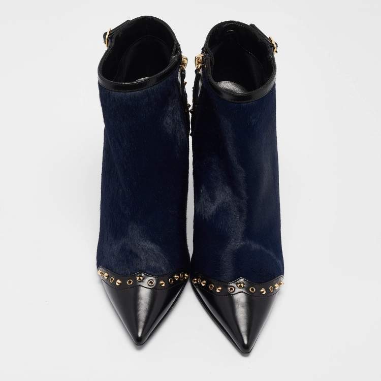 Pre Owned Dsquared2 Black/Blue Calfhair and Leather Studded Heeled Ankle Length Boots Size 39
