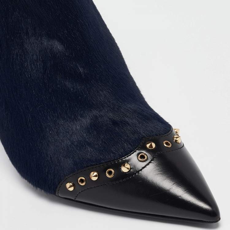 Pre Owned Dsquared2 Black/Blue Calfhair and Leather Studded Heeled Ankle Length Boots Size 39