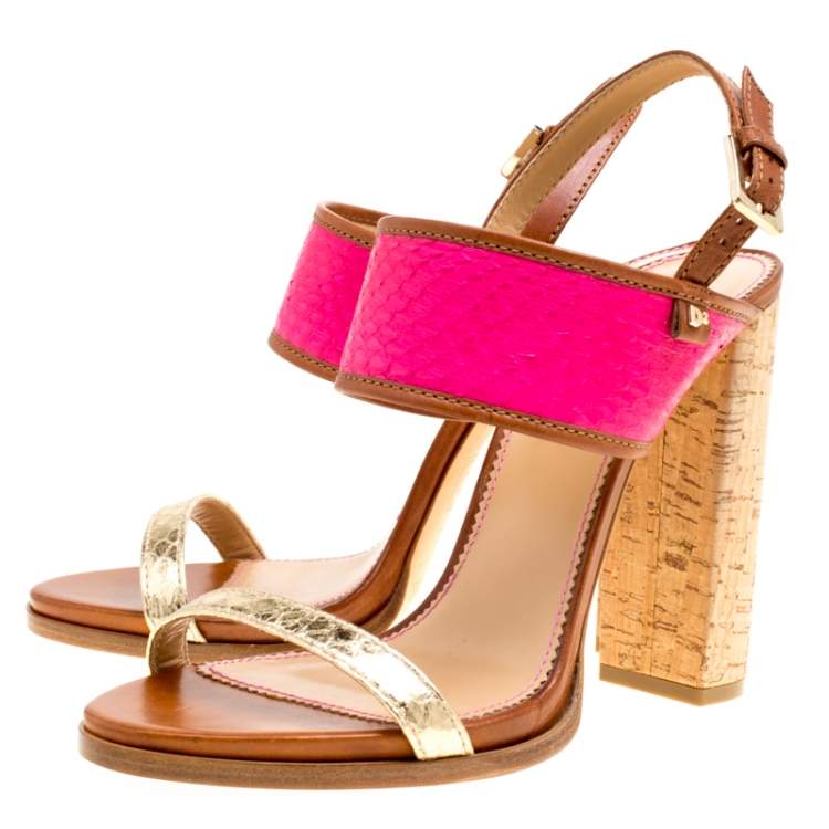 Pre Owned Dsquared2 Tricolor Embossed Python Leather Cork Block Heel Sandals Size 41