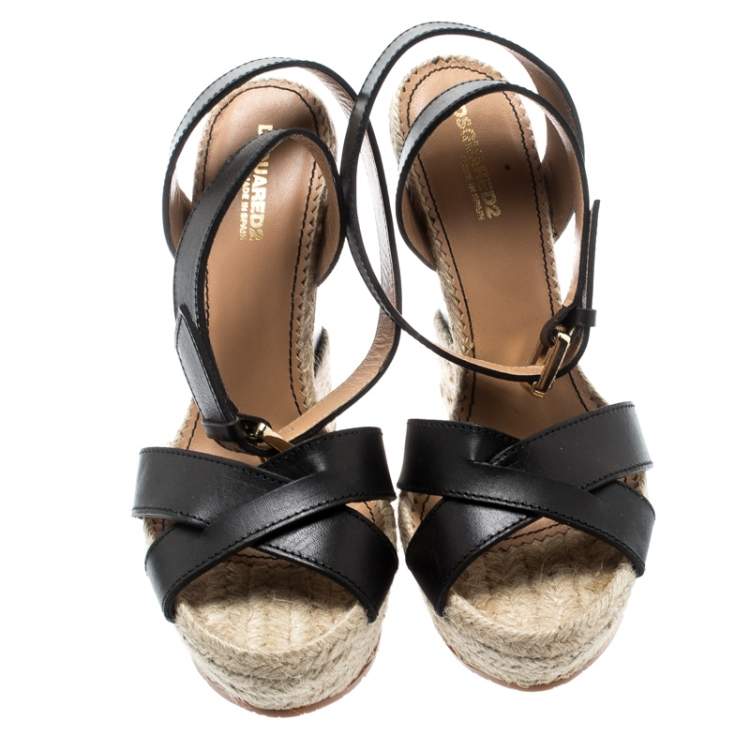 Pre Owned Dsquared2 Black Leather Espadrille Platform Ankle Strap Wedge Size 39