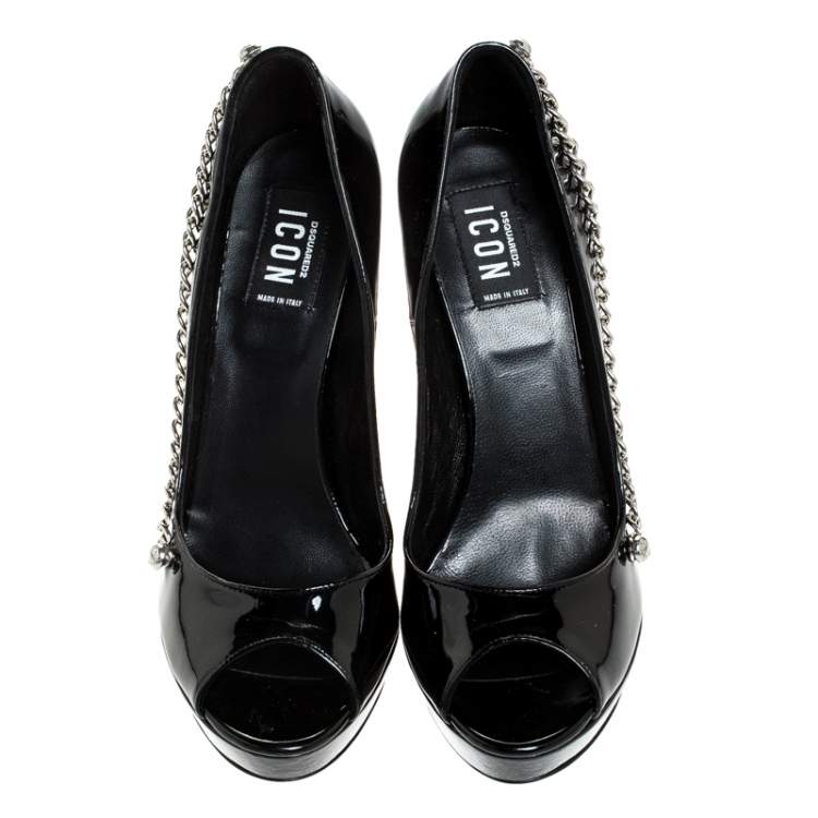 مملوكة مسبقًا Dsquared2 Black Patent Leather Chain Detail Peep Toe Platform Pumps Size 38